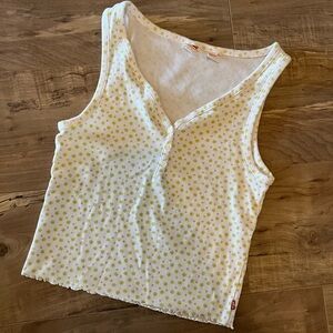 Y2K Levi’s Womans Ribbed Floral Crop  Tank Green Daisies Three Button Front Sz L